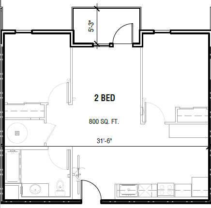 A floor plan of a 2 bedroom apartment sized 800 square feet.